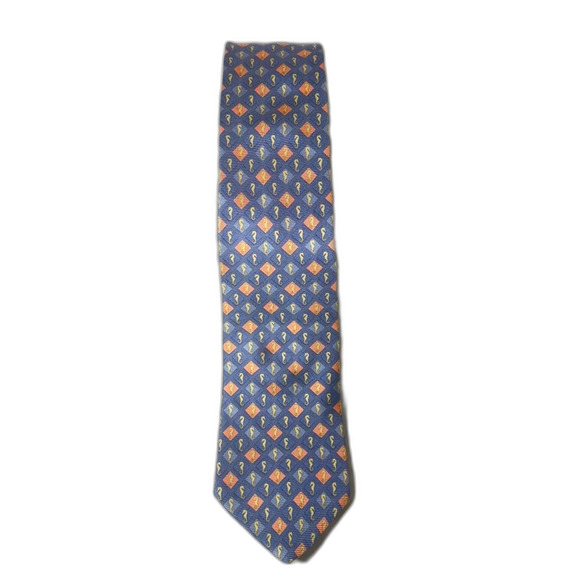 Tommy Hilfiger silk Elegant Blue and peach seahorse Patterned Tie 62” x 4” - Picture 1 of 6